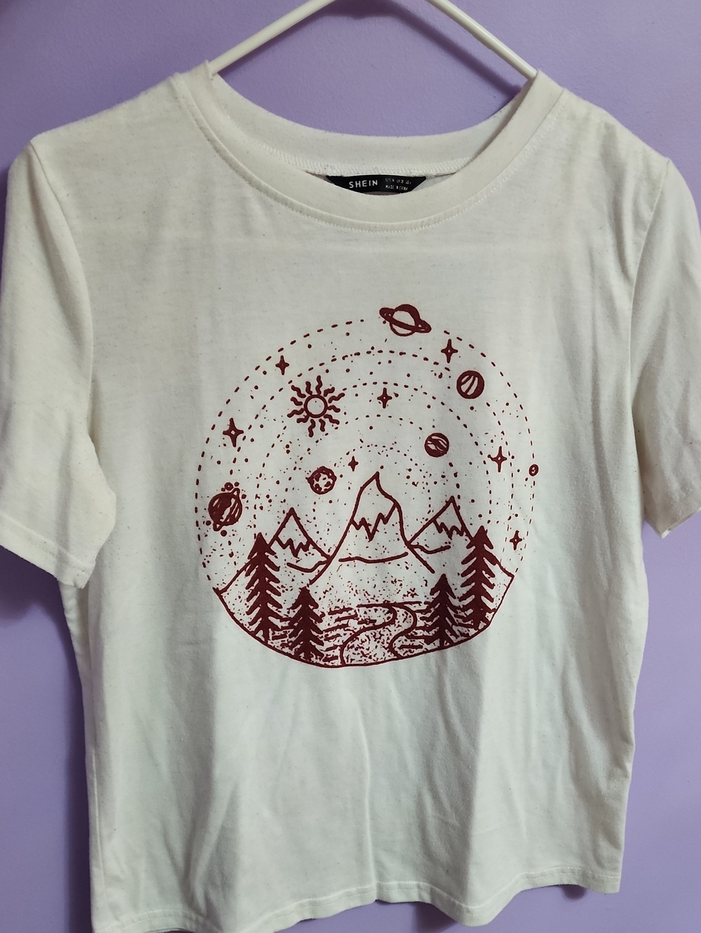 SHEIN White Tee with Burgundy Mountain & Space Graphic
